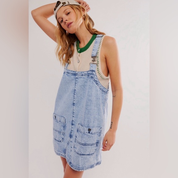 free people smock mini dress overalls FREE PEOPLE WE THE FREE OVERALL SMOCK MINI TOP / SAPPHIRE WASH 0308
